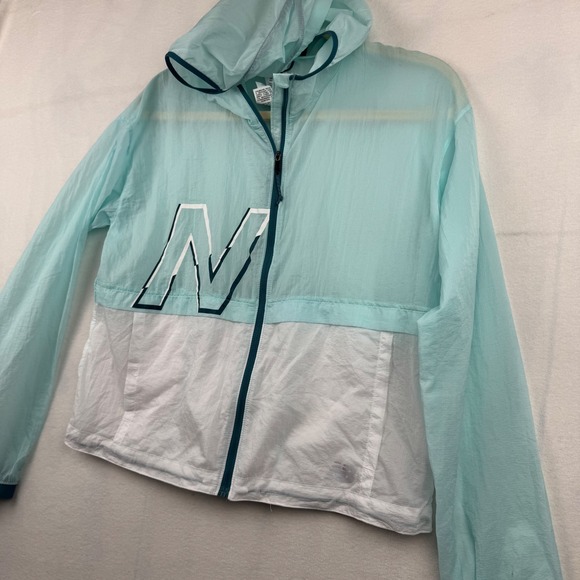 New Balance Running Windbreaker Jacket Womens Small Aqua White Full Zip Hooded - Picture 6 of 9